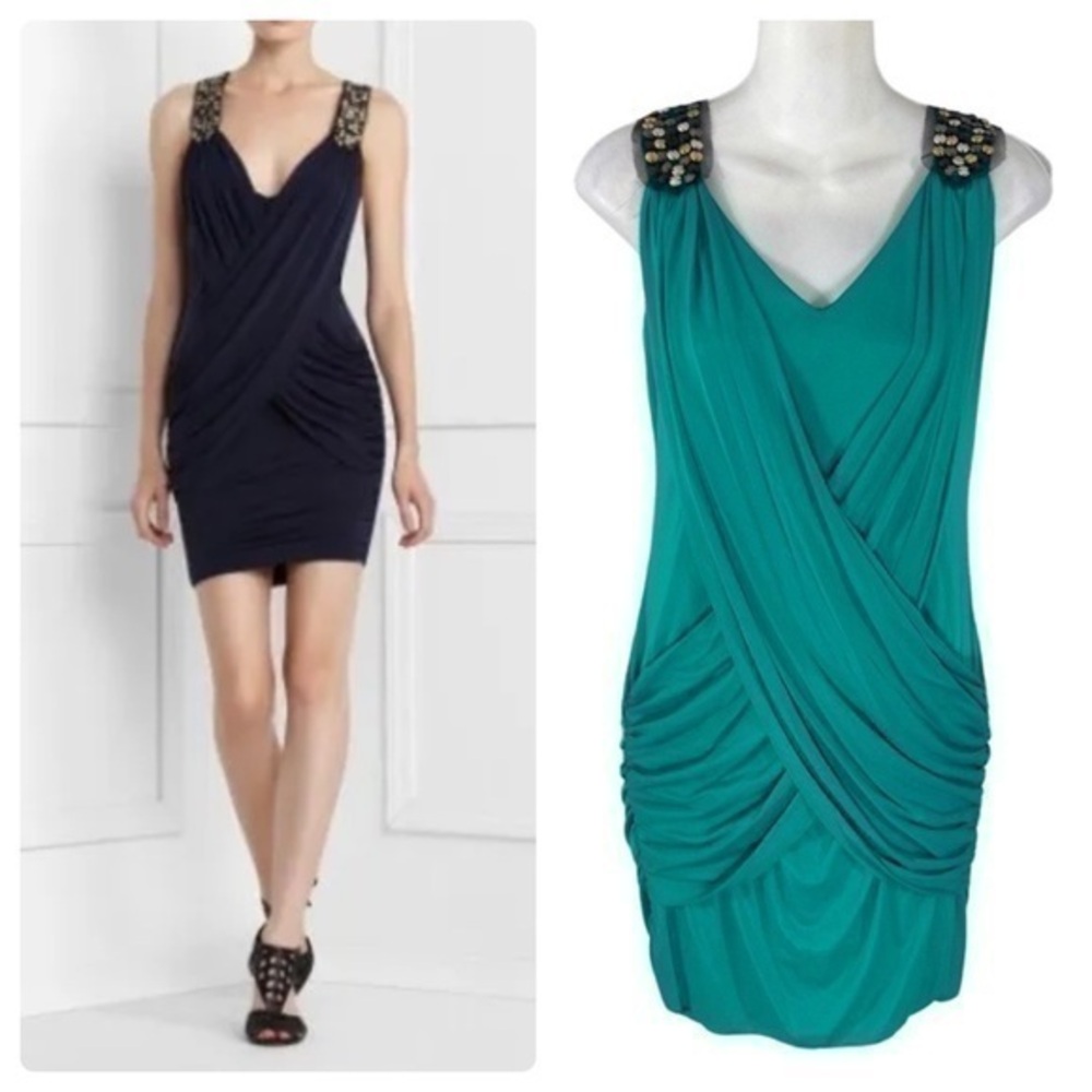 NWT BCBGMaxazria emerald teal green stud strap wrap cross jersey stretch dress M